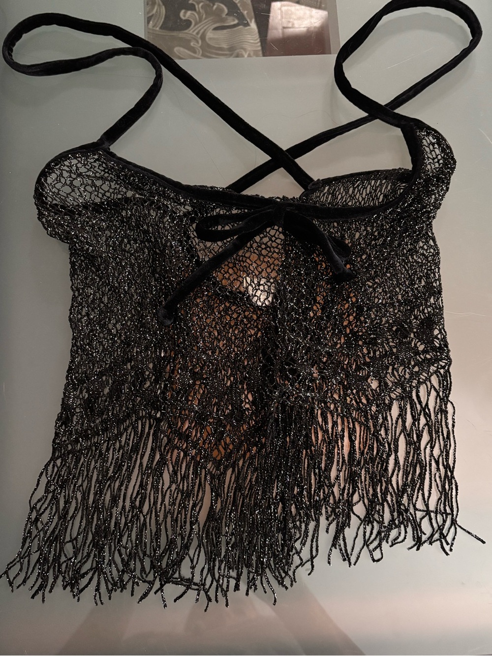 Shirley of Hollywood Black Metallic Fringe Mesh Halter Top